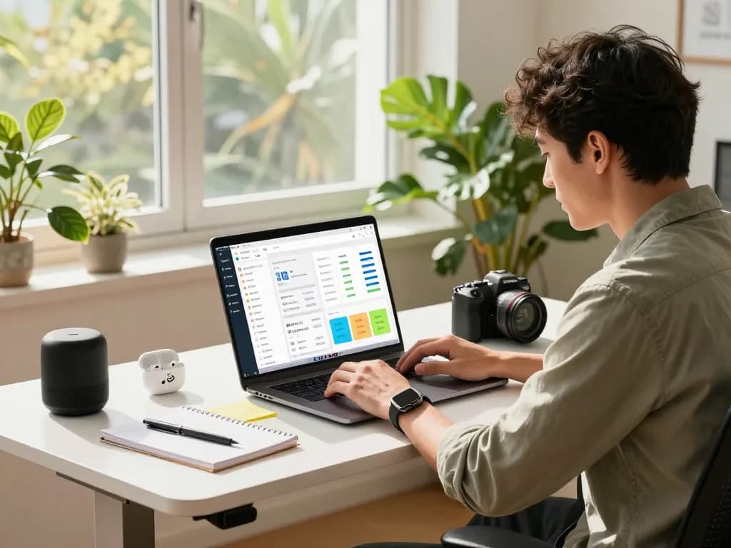 Engaging workspace with tech gadgets for productivity, highlighting tools for efficient work.