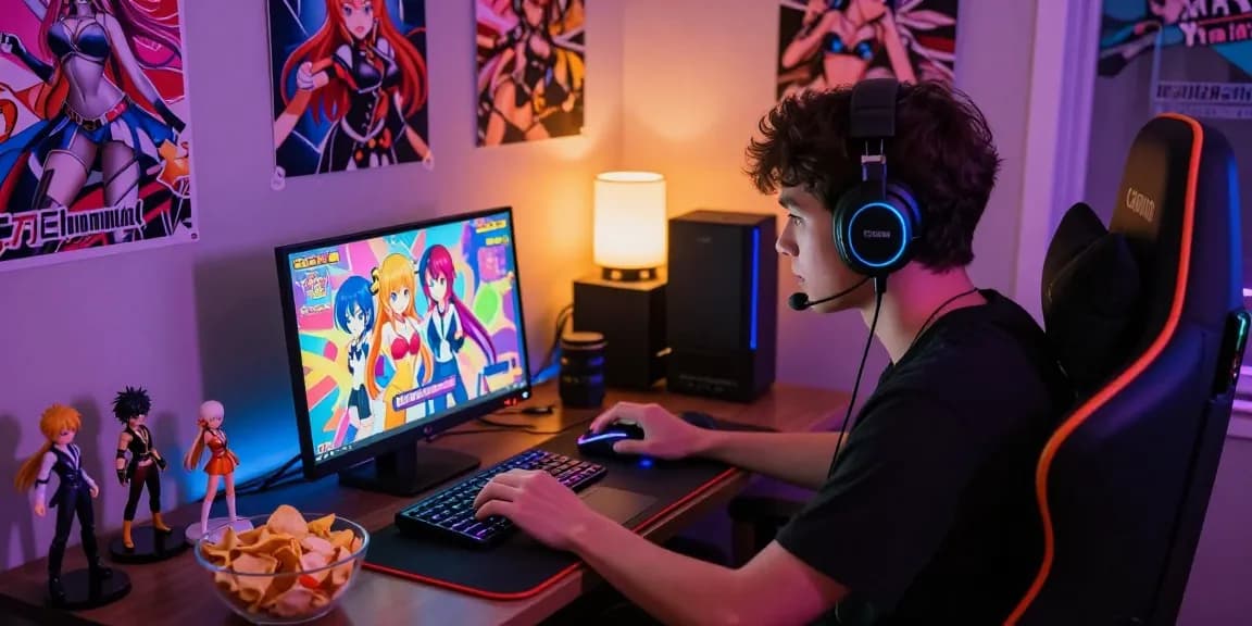 Engaged gamer playing an interactive ecchi game with colorful characters in a cozy, inviting atmosphere.