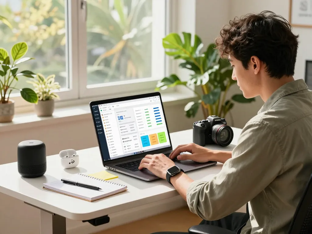 Engaging workspace with tech gadgets for productivity, highlighting tools for efficient work.