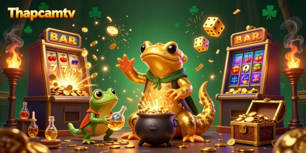 Experience immersive gaming with Thapcamtv's dynamic and vibrant illustration of a gold alchemist and fantasy elements.