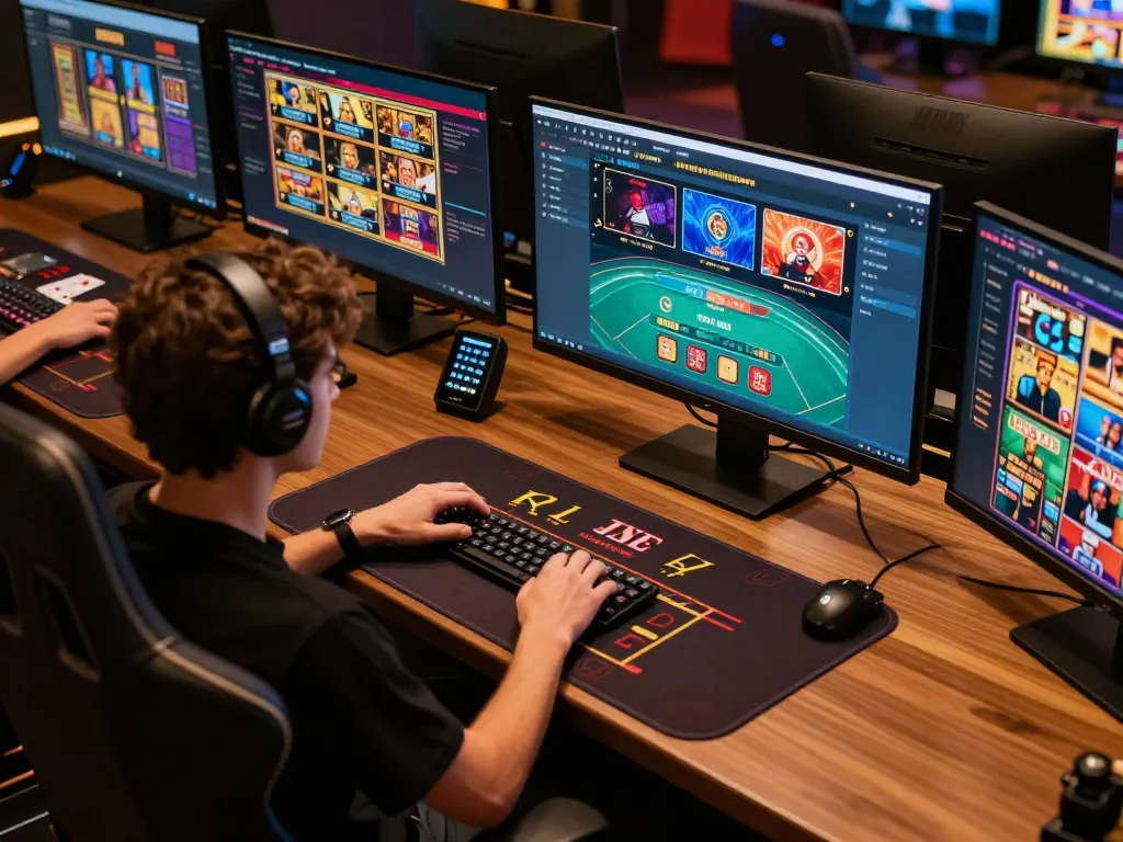 RR88 player interacting with live blackjack on a high-tech gaming setup, showcasing engaging online betting environment.