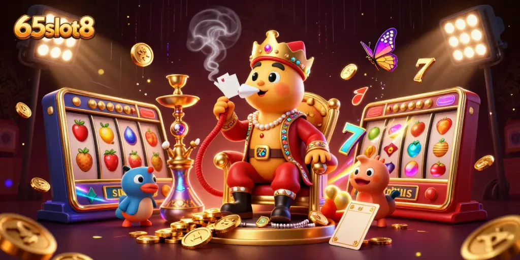 Engage in thrilling games at 65slot8 with vibrant slot reels and animated jackpot symbols.