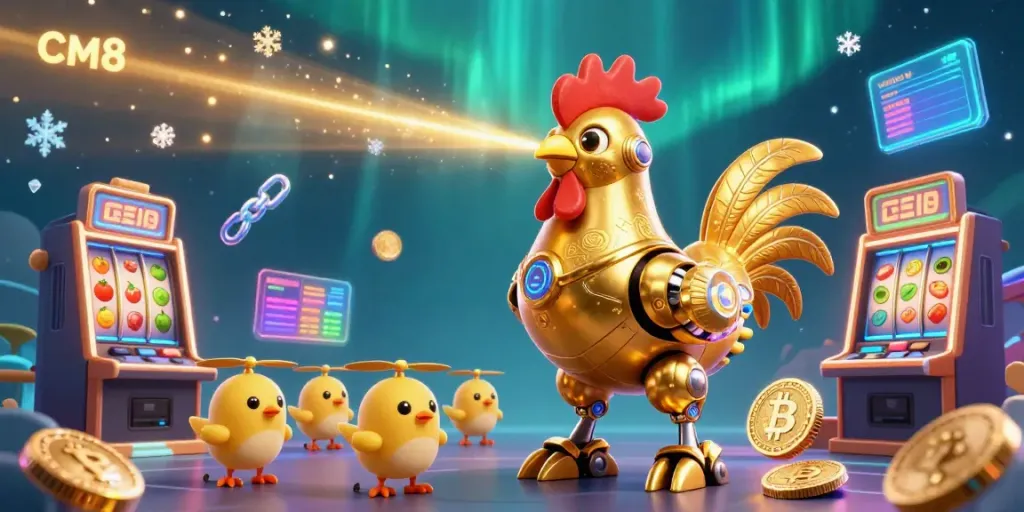 Engage in thrilling slots action on CM8 with vibrant 3D characters and glowing crypto elements.