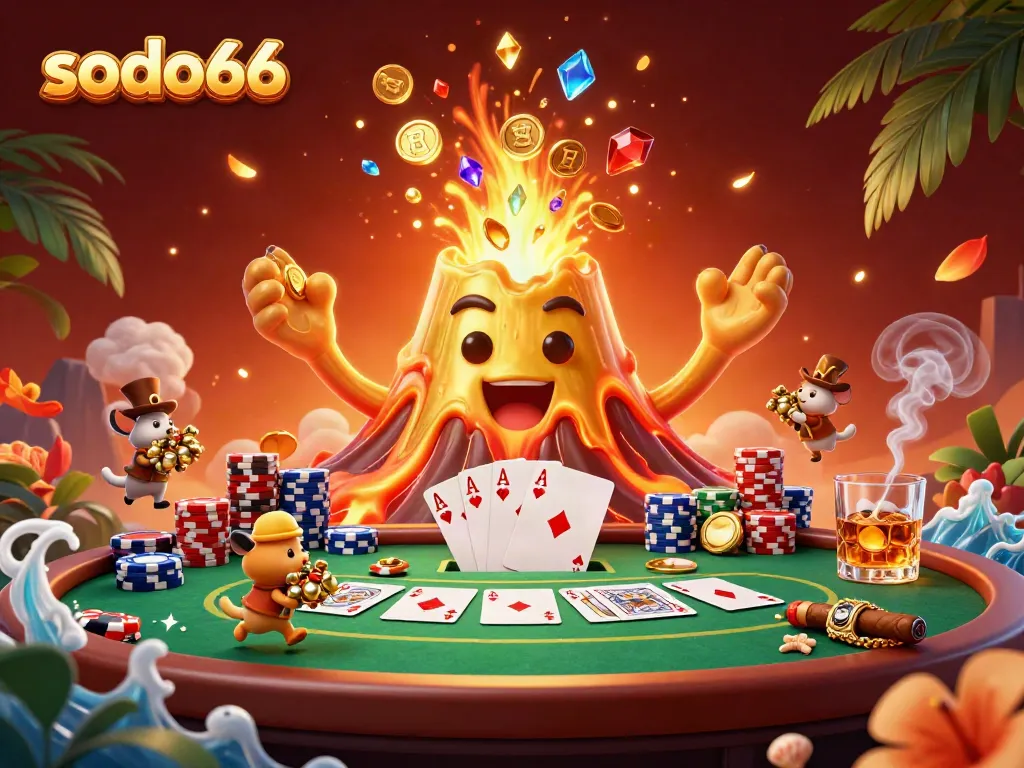 Experience sodo66's thrilling casino atmosphere with a vibrant, golden volcano spewing treasures in this 3D illustration.