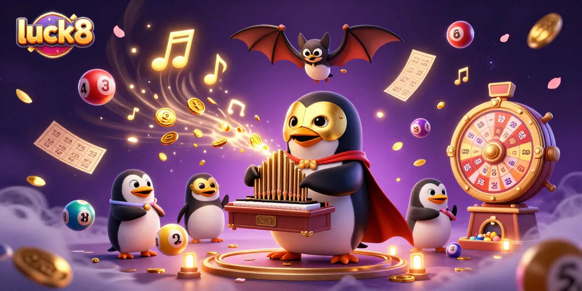 Experience luck8 as the cartoon phantom penguin plays and shoots coins in a lively casino.