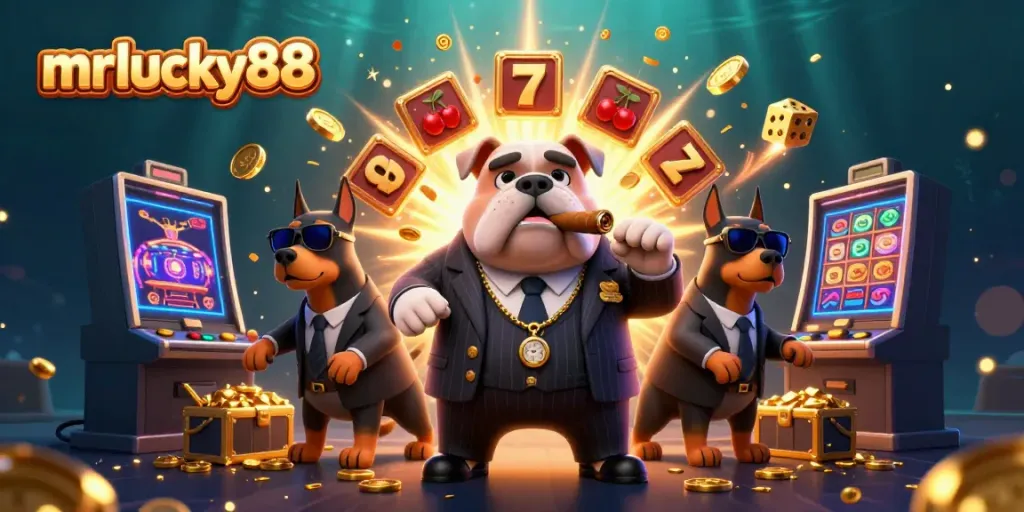 Experience mrlucky88's thrilling casino world with a mafia boss and bodyguards among vibrant gaming elements.