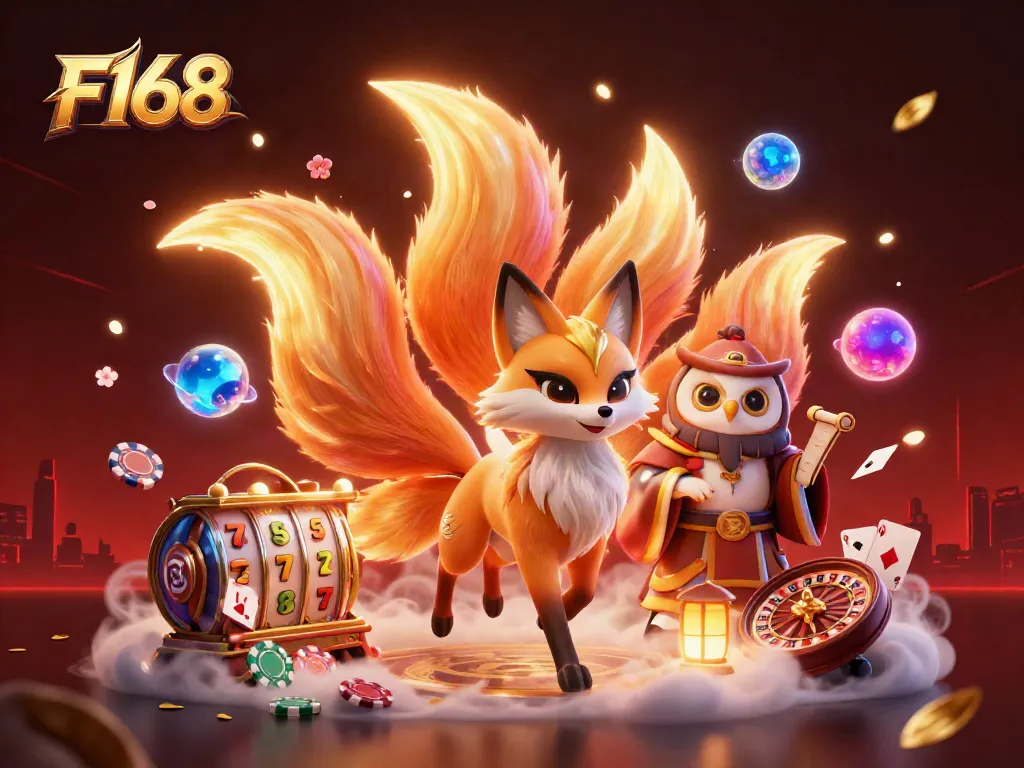 Engage with F168 through an enchanting 3D casino scene featuring vibrant characters and gaming elements.