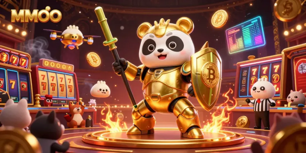 Experience the thrilling action of MMOO with vibrant casino elements and a golden panda champion in an arena.