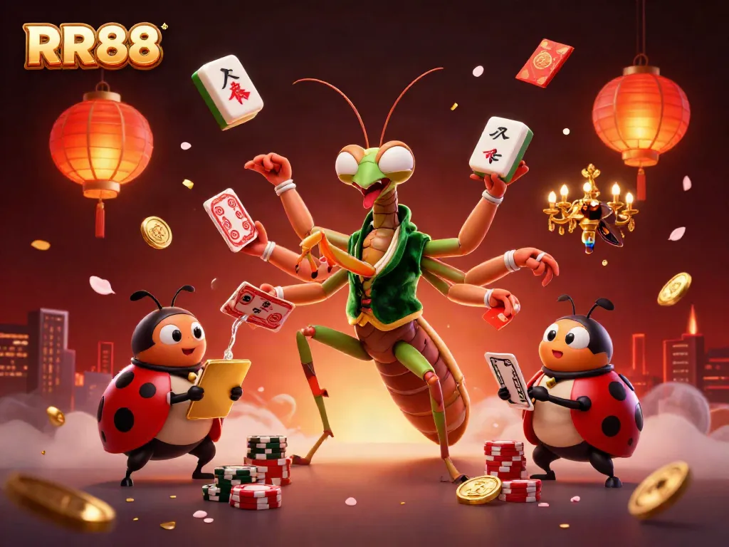 Experience thrilling gameplay at RR88 with a giant praying mantis and ladybug pit boss in a vibrant casino scene.