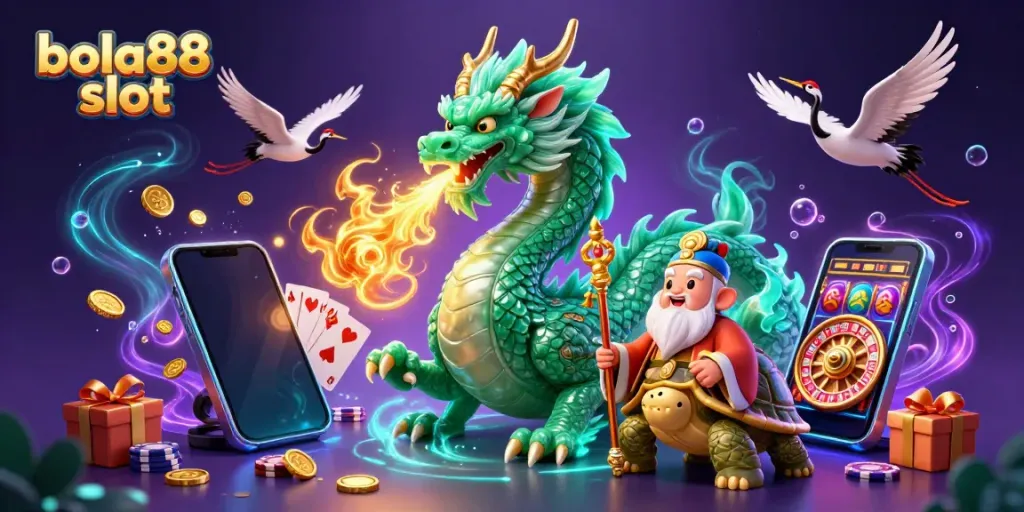 Experience the thrill of bola88 slot with vibrant dragons and lucky cranes in a dynamic casino scene.
