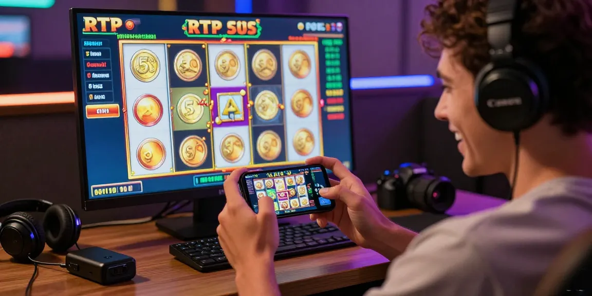 Pengguna IMEISLOT TECH bermain permainan slot di smartphone dengan antarmuka warna-warni dan suasana ceria.