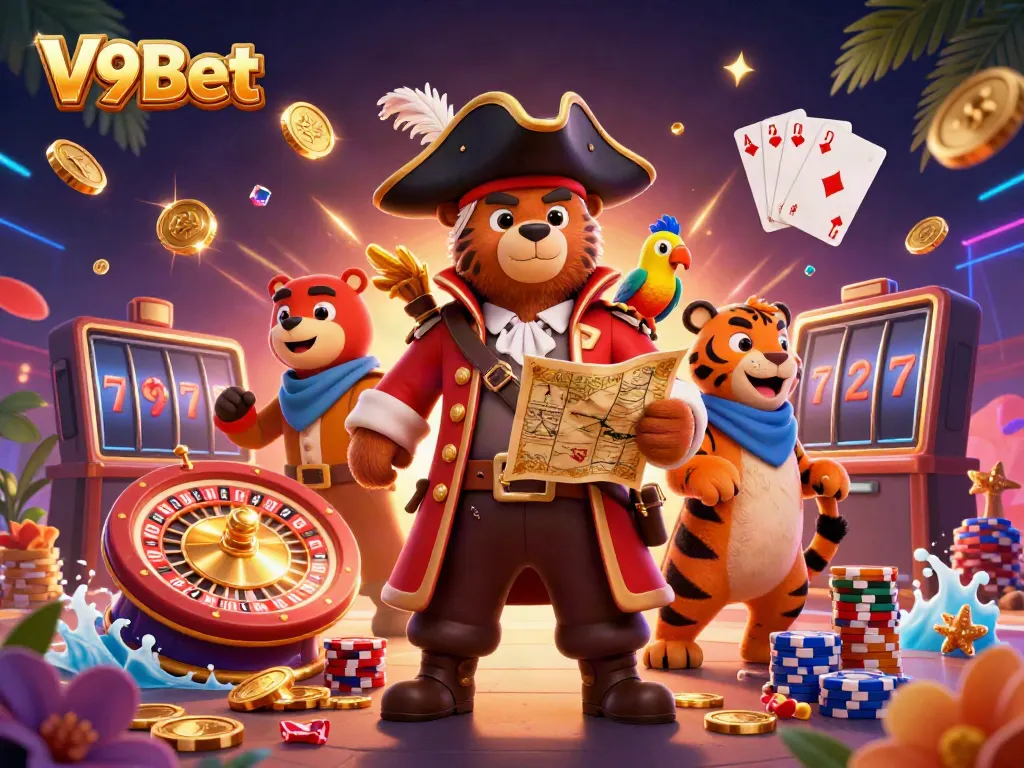 Experience V9Bet's thrilling gaming adventure with a pirate bear, tiger first mate, and magical treasure in a dynamic casino scene.