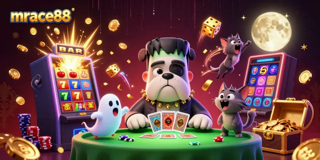 Join the action at mrace88 with a lively casino scene featuring thrilling slot machines and unique characters.