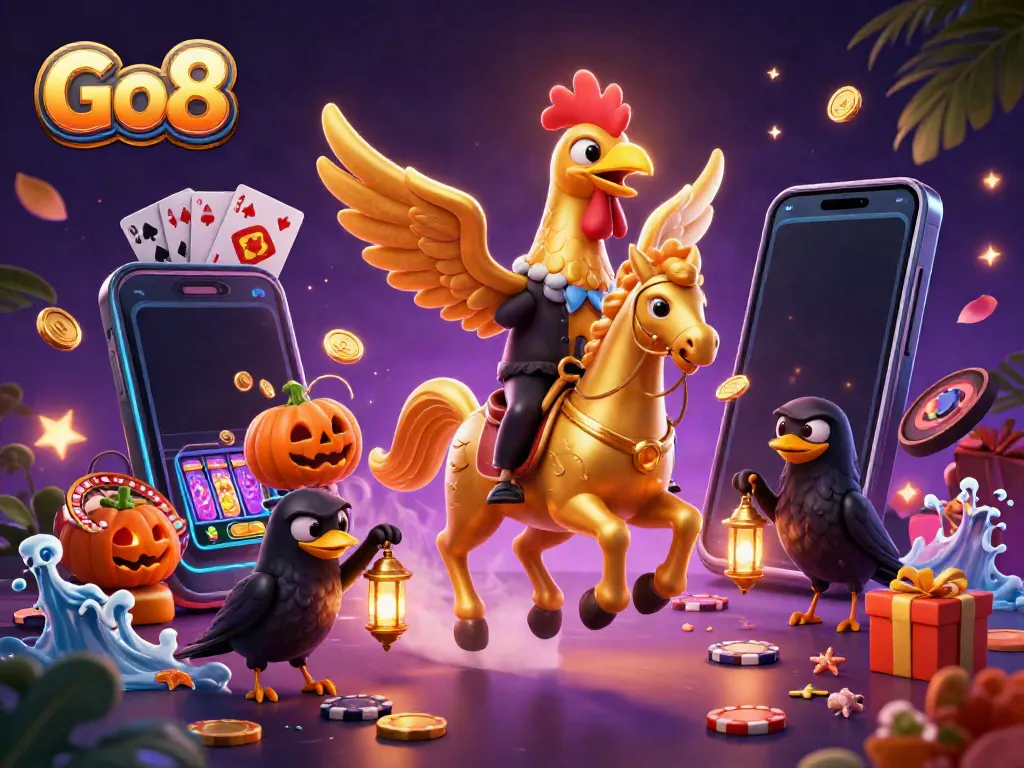Go8 showcases an enchanting golden rooster character amid vibrant casino elements, illuminating luck and excitement.