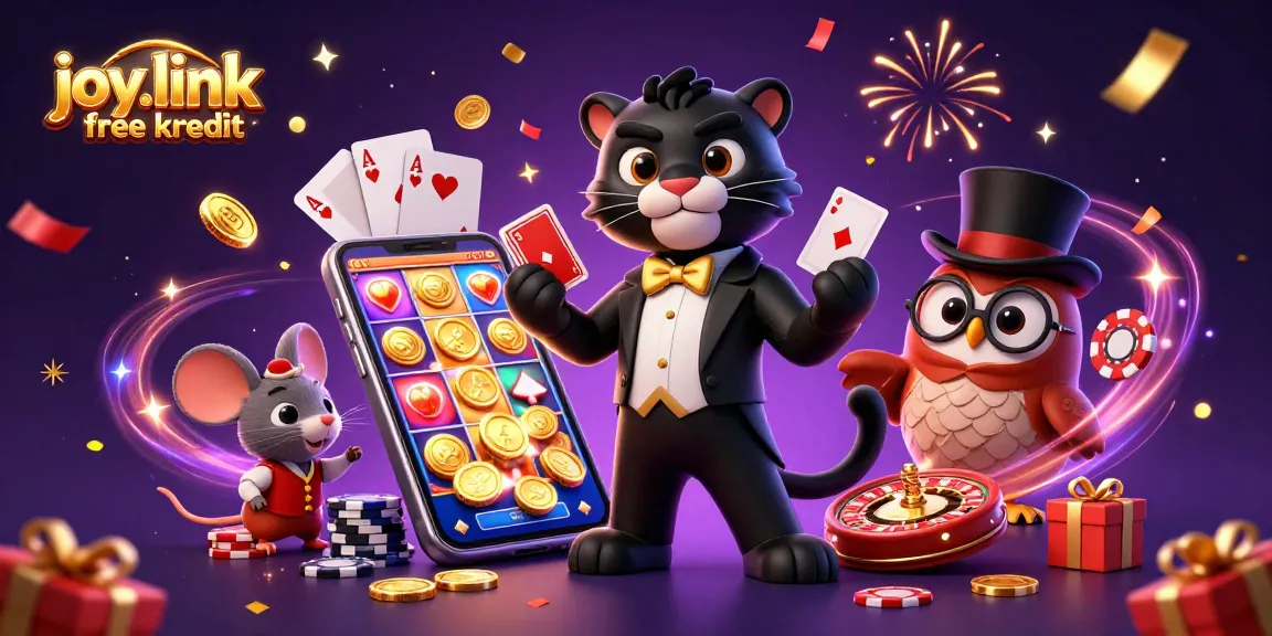 Engage with joy.link free kredit in this vibrant 3D casino scene featuring a panther, owl, and lucky mouse.
