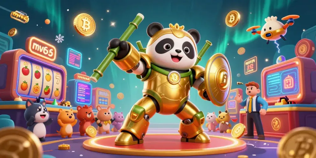 Engage with mv66's vibrant casino experience featuring a golden panda in a bamboo robot amidst fruits and crypto coins.