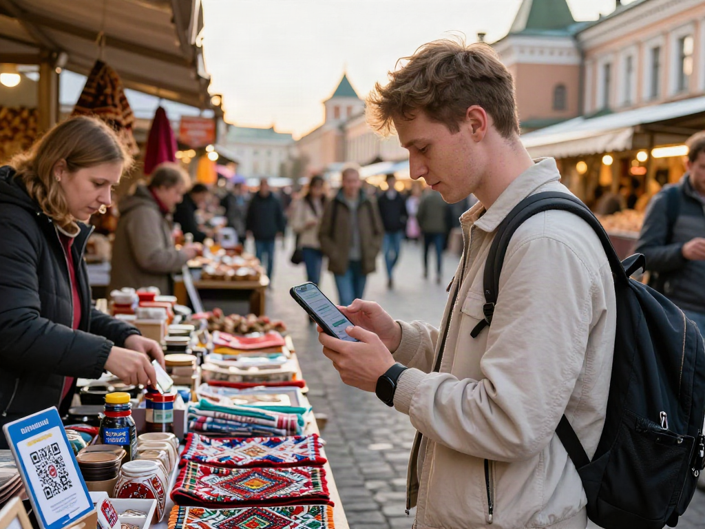 Pelancong menggunakan https://payinrussia.com/ untuk pembayaran mudah di pasar Moscow, dikelilingi oleh barang tradisional Russia.