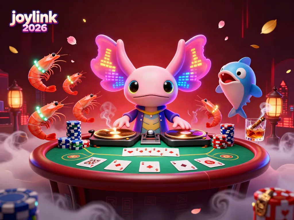 Experience joylink 2026 with a vibrant casino scene featuring a DJ axolotl and glowing casino elements.
