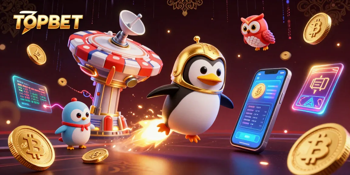 Experience the excitement of TOPBET with a golden penguin blasting through a cosmic casino atmosphere.