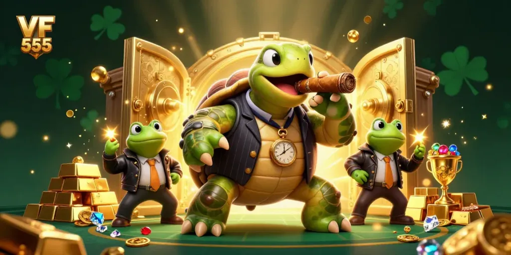 Experience the excitement of VF 555 with a 3D illustration of a cartoon snapping turtle in a mobster suit amid gold treasures.