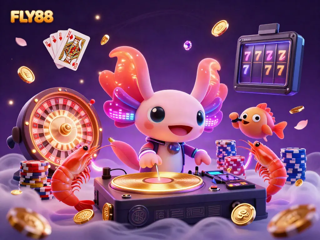 Experience the vibrant energy of FLY88 with a neon axolotl DJ, glowing shrimp dancers, and dynamic casino elements.