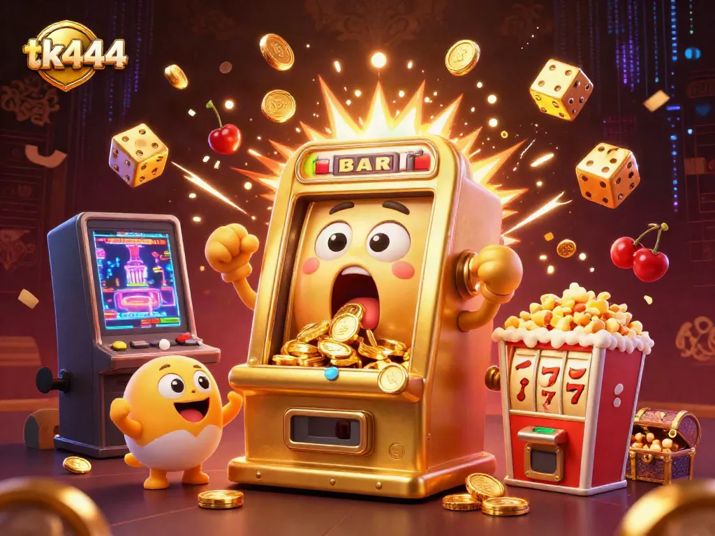 Experience the excitement of tk444 with a golden slot machine jackpot explosion and colorful gaming elements.