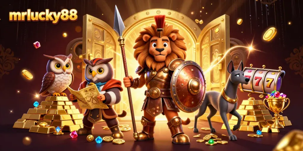 Win big with mrlucky88 in this vibrant 3D casino-themed scene showcasing a Spartan lion, owl strategist, and greyhound messenger.