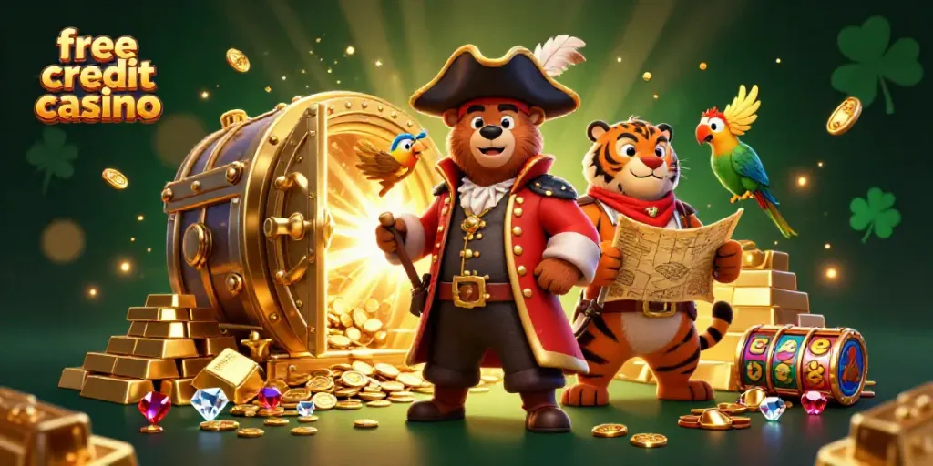 Engage in free credit casino play with a vibrant scene featuring characters and treasures.