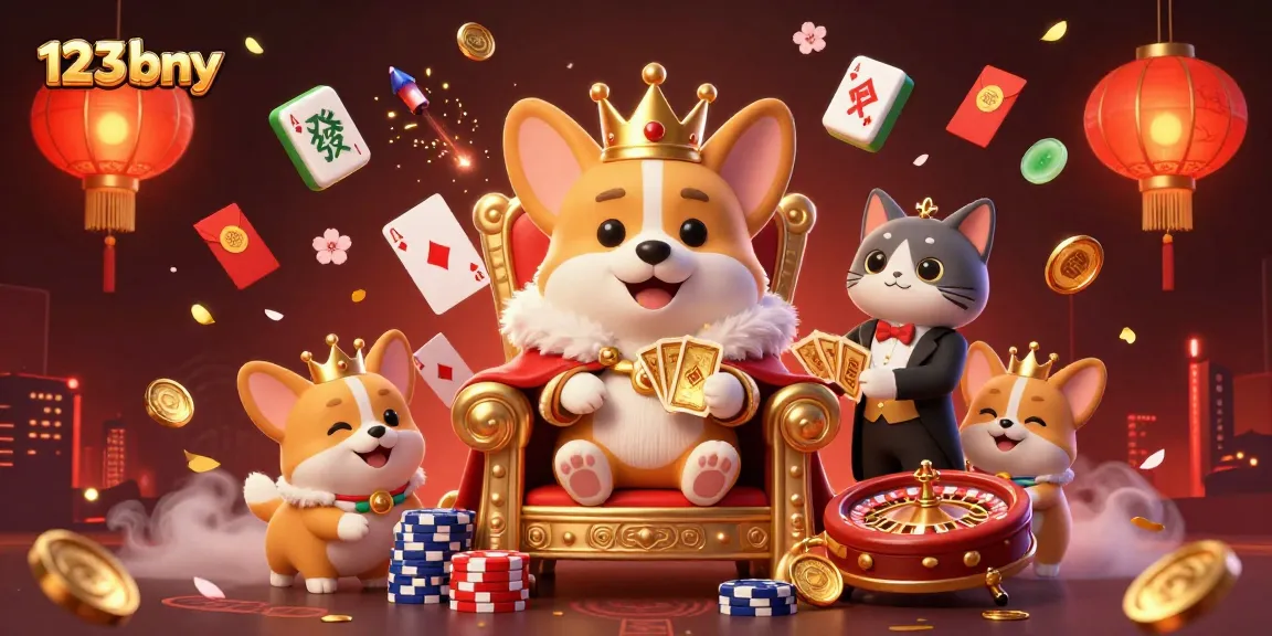 Experience exhilarating gameplay with 123bny as a royal corgi presides over a vibrant casino scene filled with poker elements.