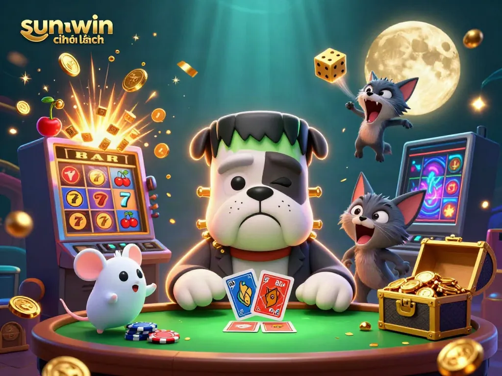 Engaging illustration of sunwin chính hãng with a Frankenstein bulldog and a werewolf kitten at a casino scene, featuring cards and a jackpot explosion.