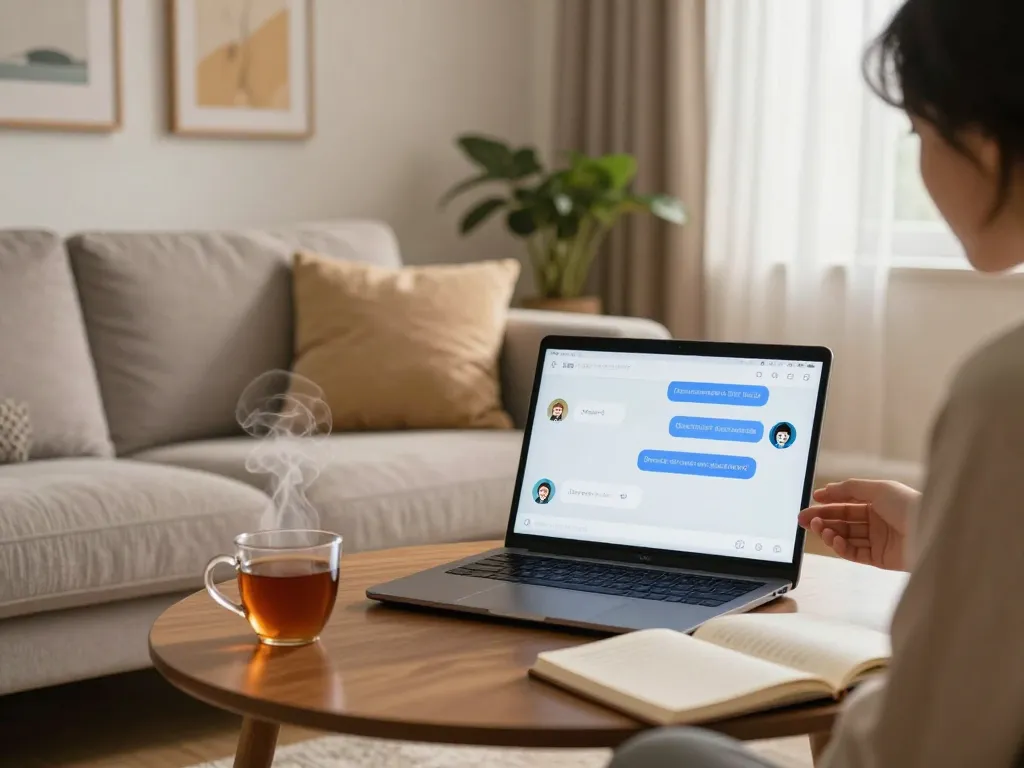 Casual interaction with an AI sex chat on a laptop in a cozy home setting.
