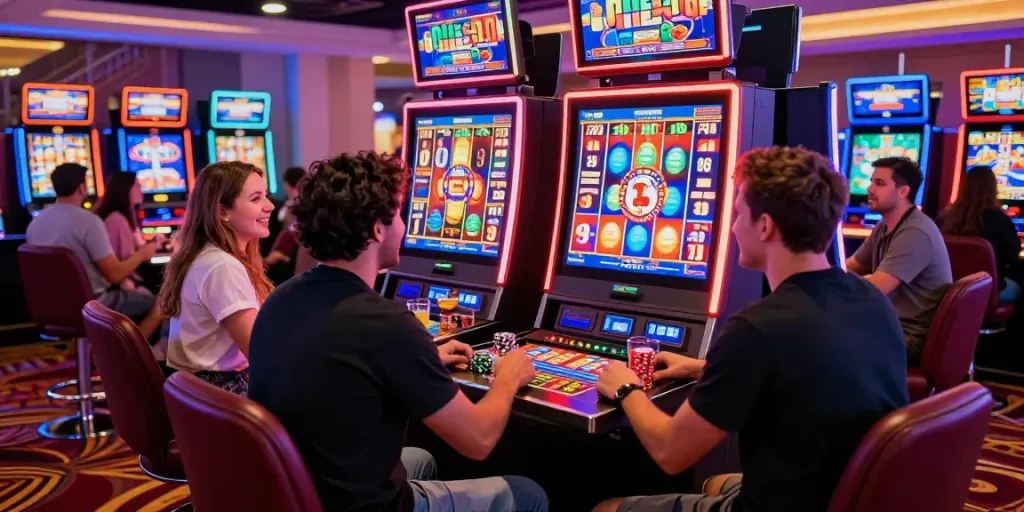 Mesin slot rokok88 memikat dengan pemain yang bersemangat di kasino.