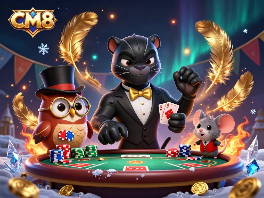 Engage in thrilling poker with CM8 as a stylish panther deals cards amidst exciting casino elements.