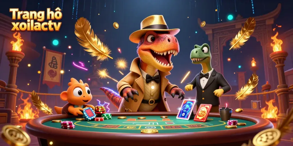 Experience the world of Trang chủ xoilactv with a dynamic scene featuring gambling characters engaged in a lively casino atmosphere.