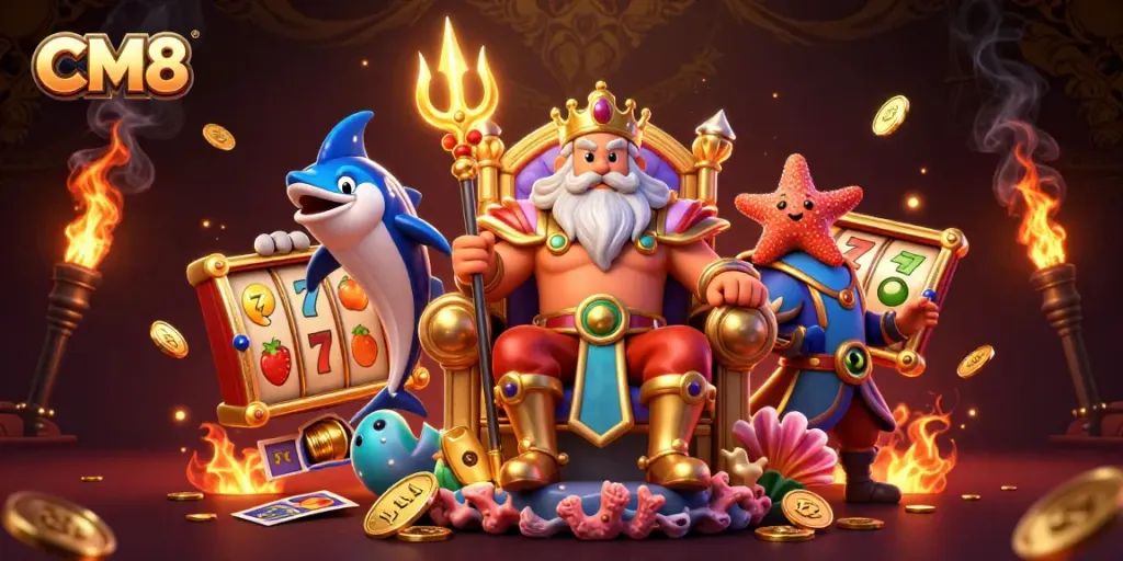 Engage in vibrant slots with CM8's thrilling casino atmosphere featuring Neptune and golden jackpots.