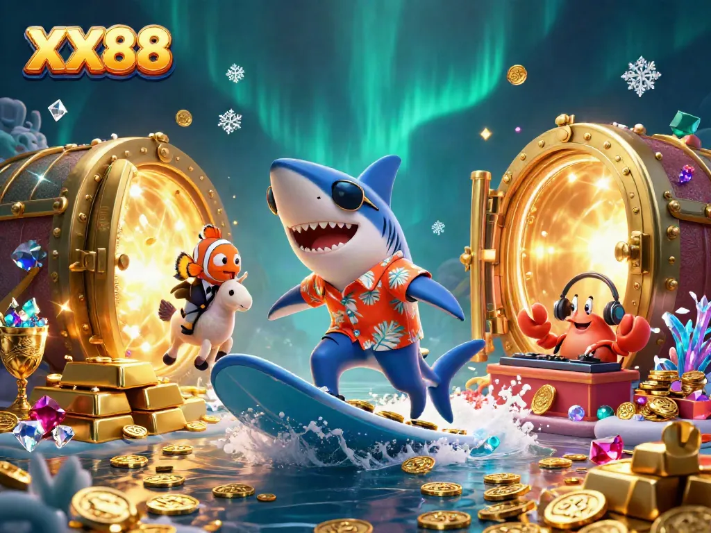 Experience the excitement of XX88 with vibrant characters surfing gold coins and sparkling treasures in an underwater casino scene.