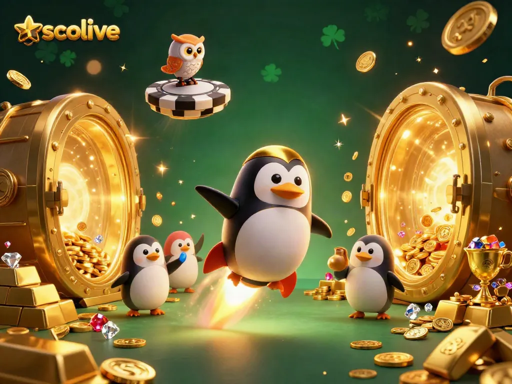 Socolive showcases a gaming scene with a golden penguin and treasures in a vibrant casino-themed universe.