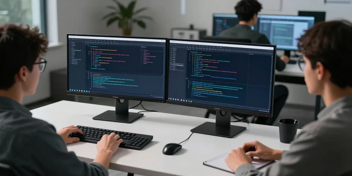 THABET software development workspace with dual monitors showcasing AI technology and cloud computing environments.