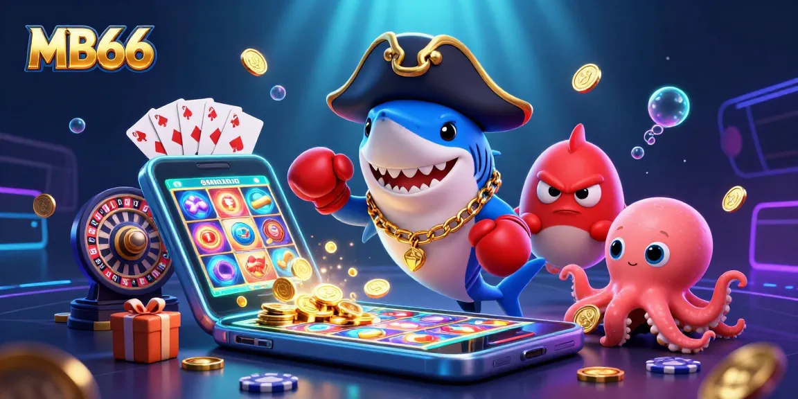 Engage with the exciting casino world of MB66, featuring vibrant characters amid gaming elements.