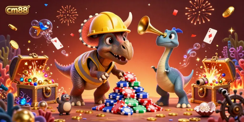 Celebrate casino excitement with cm88 characters building poker chip towers amidst vibrant underwater treasures.