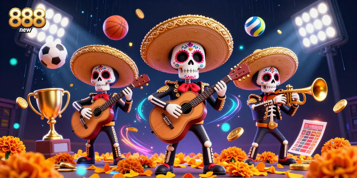Engage with thrilling sports betting adventures at 888new featuring vibrant mariachi skeletons and exciting elements.