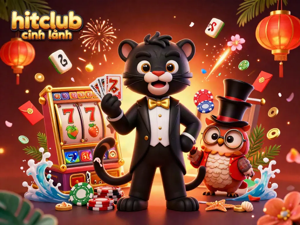 Engage in thrilling online gaming at hitclub chính hãng with a vibrant casino scene featuring a tuxedoed panther dealer.