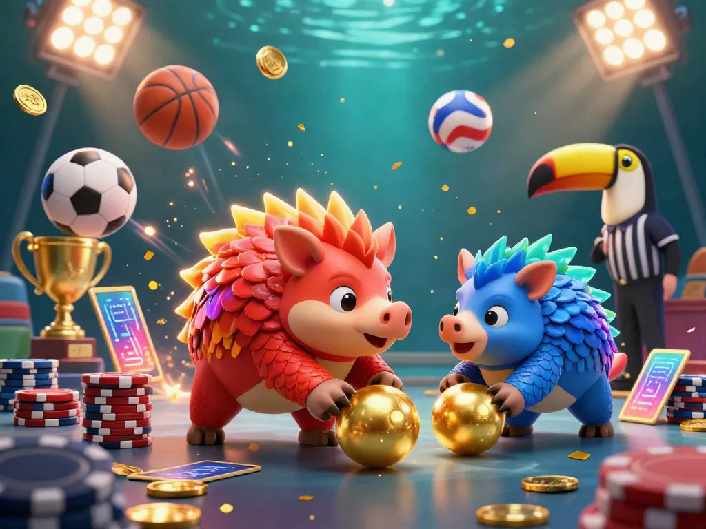 EE88 presents rival pangolins in a casino showdown with poker chips and dynamic sports elements, showcasing exciting gameplay.