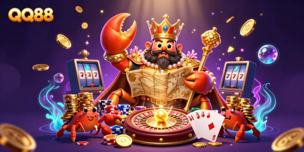 Experience the captivating world of QQ88 with a golden crab emperor surrounded by treasures and gamblers' excitement.