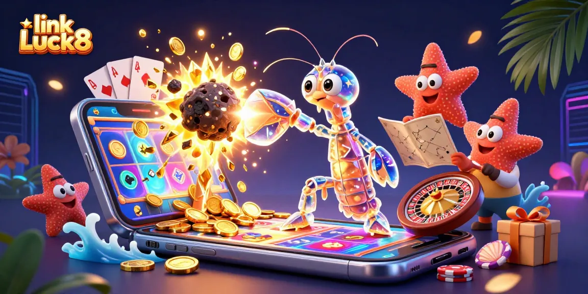Win big and enjoy the thrill with link Luck8 in this vibrant casino-themed 3D illustration.