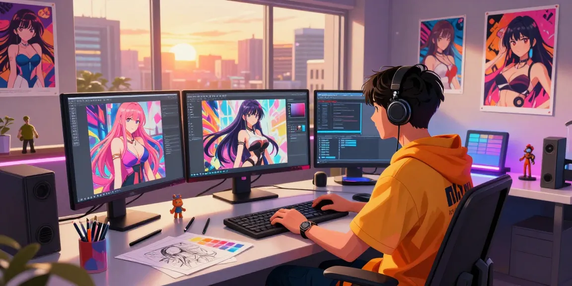 Creating AI ecchi anime artwork in a vibrant digital studio setting with advanced screens and colorful decor.