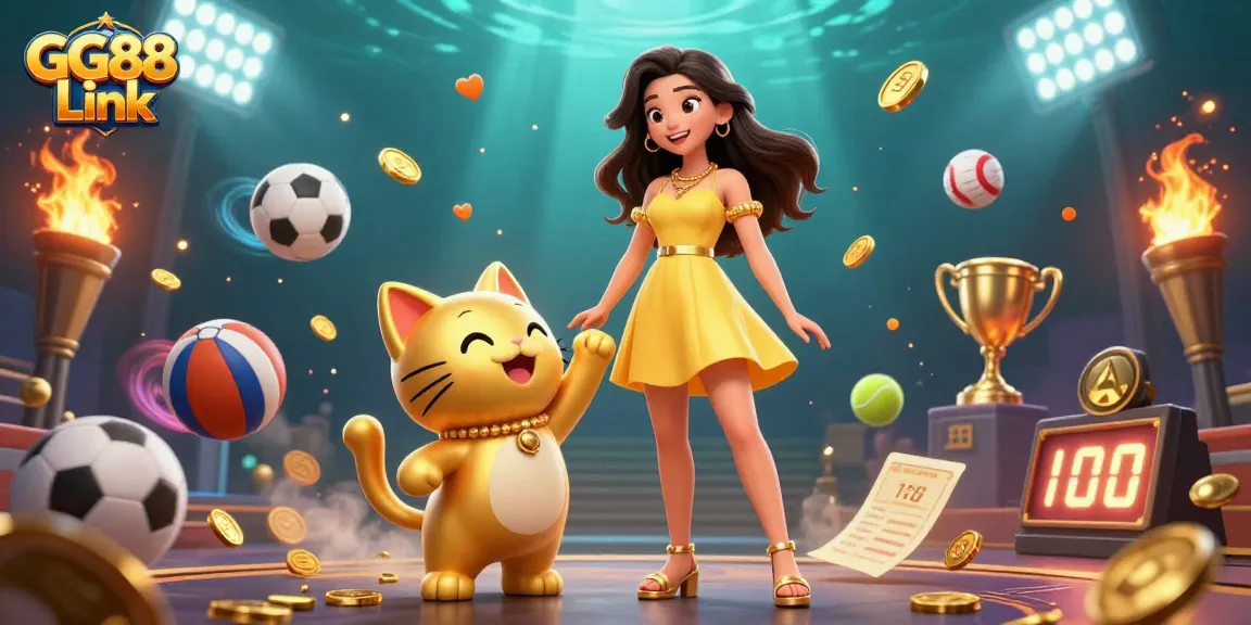 Engage with GG88 Link for thrilling gaming action featuring a beautiful Asian woman and a lucky cat amidst golden coins.