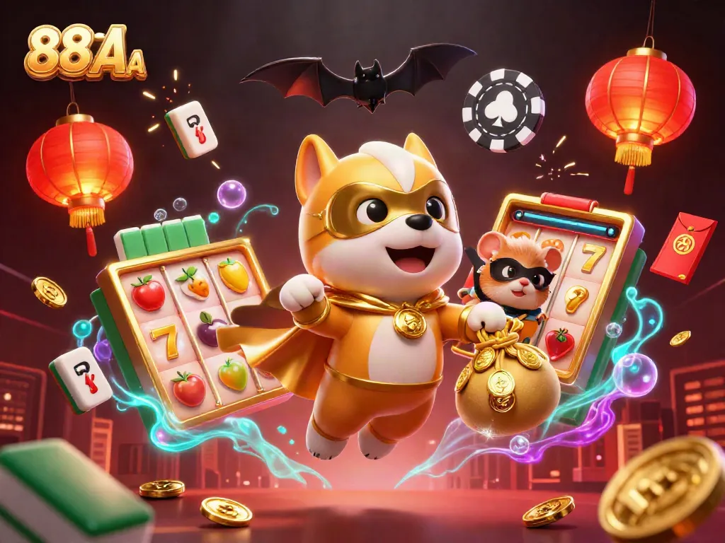 Engaging 88 AA illustration capturing a superhero dog and hamster amidst vibrant casino elements.