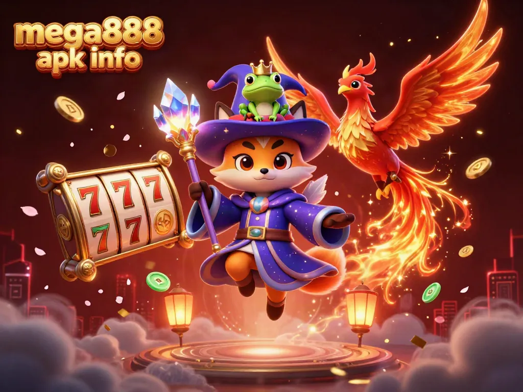 Engage with mega888 apk info through vibrant illustrations of a wizard fox and phoenix in a casino setting.