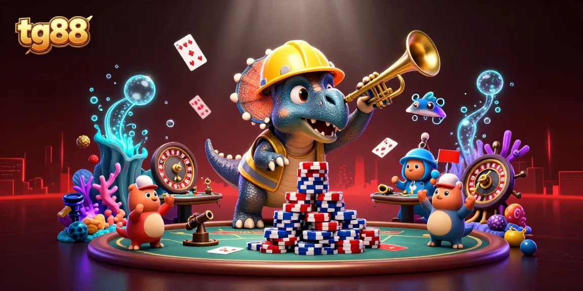 Join the celebration at tg88 with a triceratops building poker chip pyramids in a vibrant casino